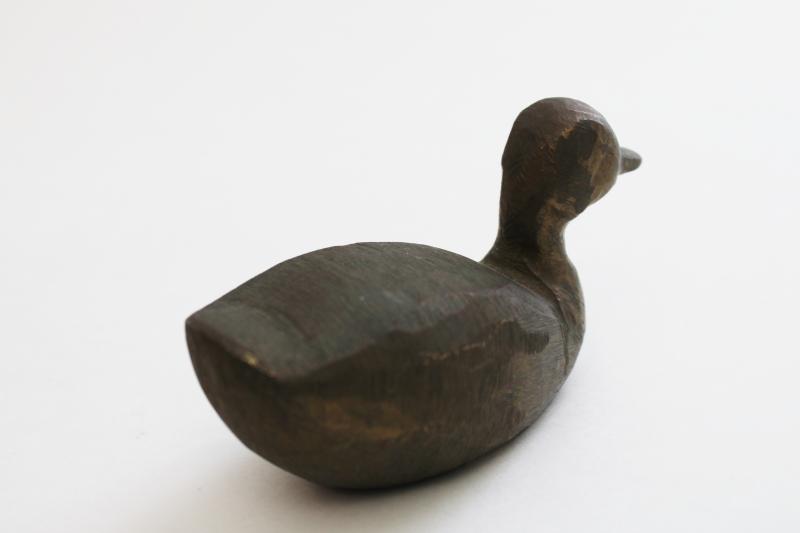 mid-century brutalist metal art figurine, crudely carved brass decoy mini duck