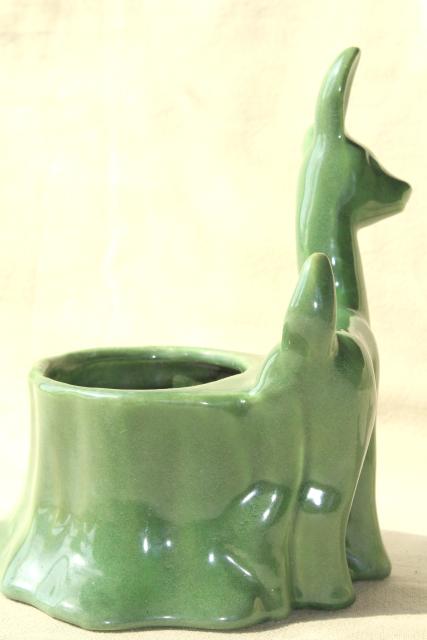 mid-century mod Haeger pottery planter, vintage plant pot w/ little deer, jade green glaze