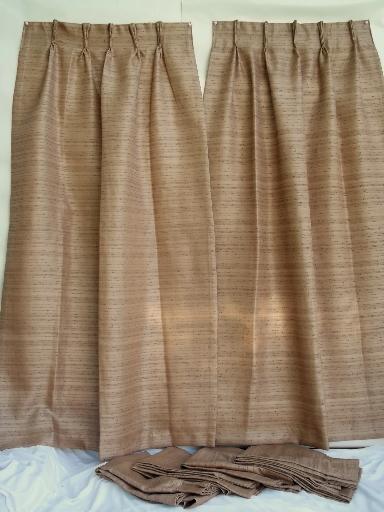 mid-century mod hemp colored barkcloth texture fiberglass drapes, vintage 50s 60s