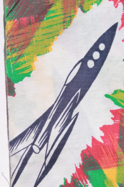 mid-century mod print cotton fabric, space age atomic rocket jet spaceships