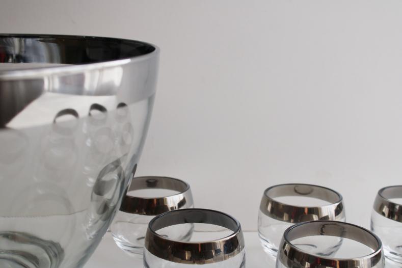 mid-century mod vintage Dorothy Thorpe roly poly wide silver band punch cup glasses & bowl