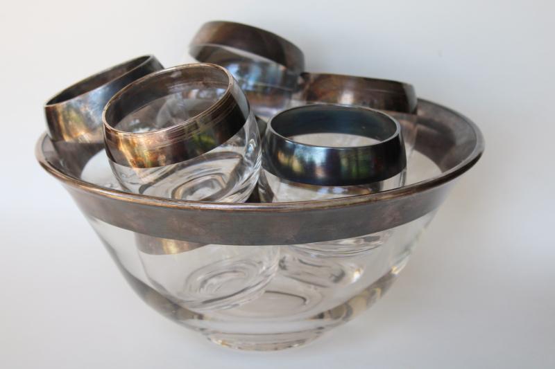 mid-century mod vintage Dorothy Thorpe wide silver band roly poly glasses & punch bowl