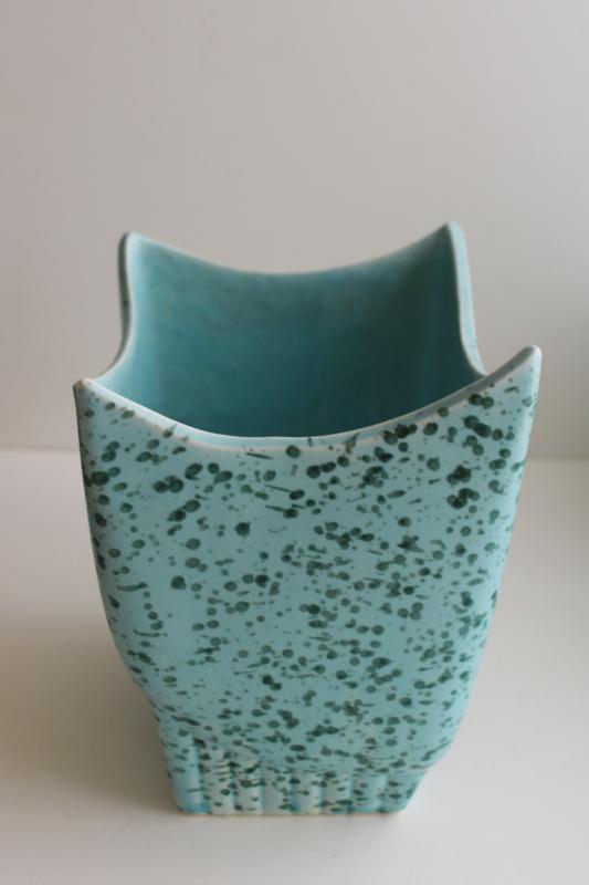mid-century mod vintage aqua spatter pottery vase or planter, retro ceramic pot