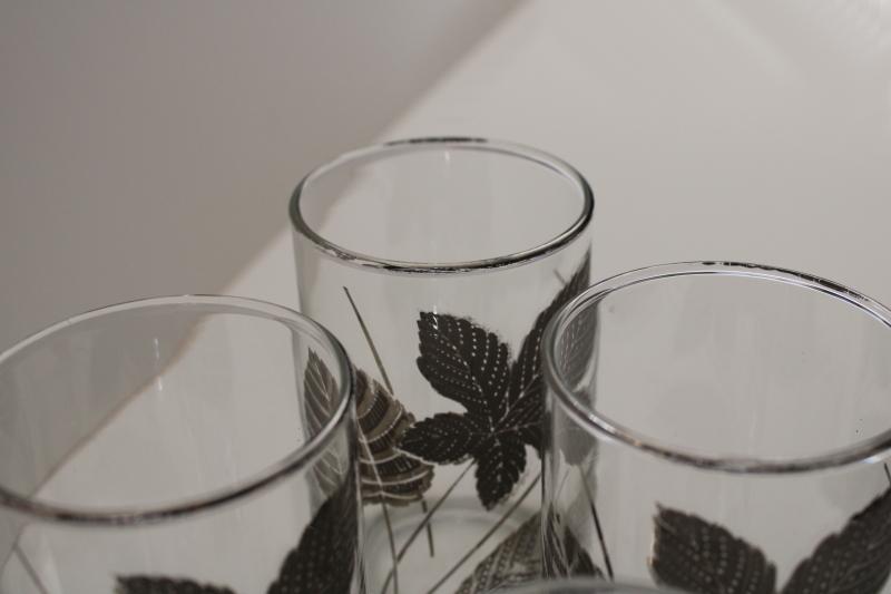 mid-century mod vintage barware, drinking glasses w/ silver leaves Culver or Fred Press?