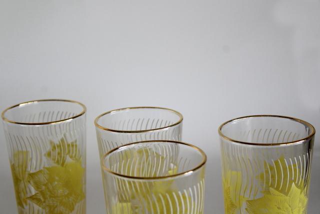 mid-century mod vintage drinking glasses, printed glass tumblers w/ yellow roses