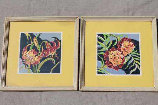 mid-century mod vintage framed wall art prints, 50s retro bright graphic florals