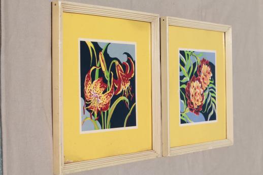 mid-century mod vintage framed wall art prints, 50s retro bright graphic florals