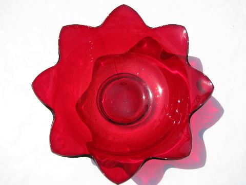 mid-century modern vintage red glass bowl, flower shape