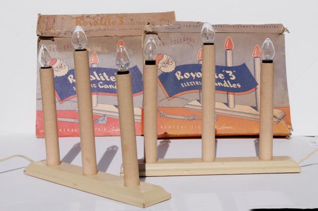 mid-century vintage Christmas decorations, wood electric candles w/ original Royalite boxes
