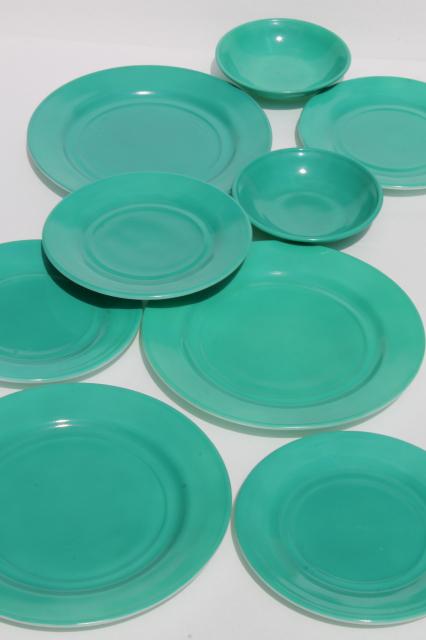 mid-century vintage Hazel Atlas aqua turquoise color milk glass dishes, plates & bowls