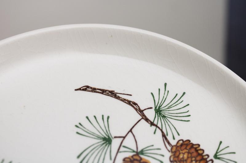 mid-century vintage Stetson pottery pine cone plates set of 8, rustic cabin holiday dinnerware