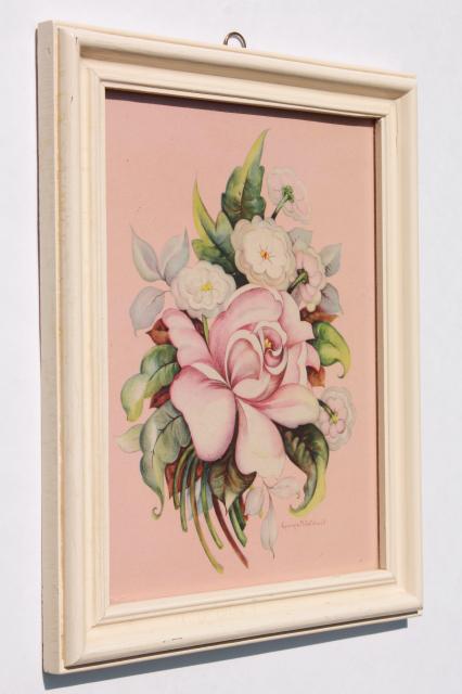mid-century vintage boudoir prints, floral pair in painted wood frames, shabby cottage chic