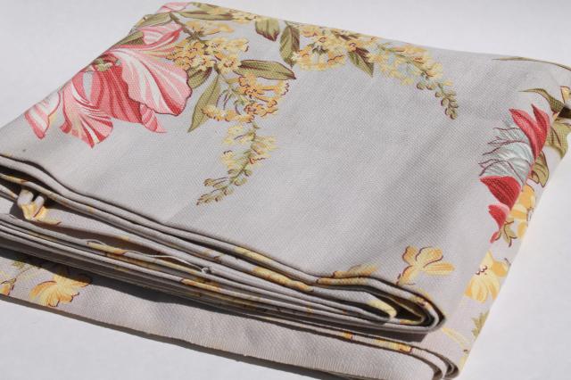 mid-century vintage cotton barkcloth fabric for curtains or slipcovers, 5+ yds floral on grey