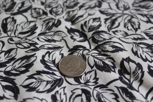mid-century vintage cotton fabric black & white rose leaf print dress / shirt material