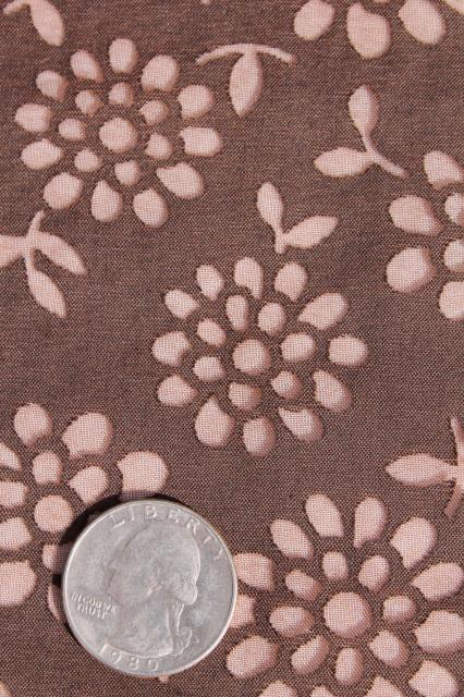 mid-century vintage dress material fabric, chocolate brown w/ sheer flowers, zinnias