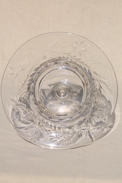 mid-century vintage elegant crystal clear glass compote bowl, wheel cut etched pattern glass