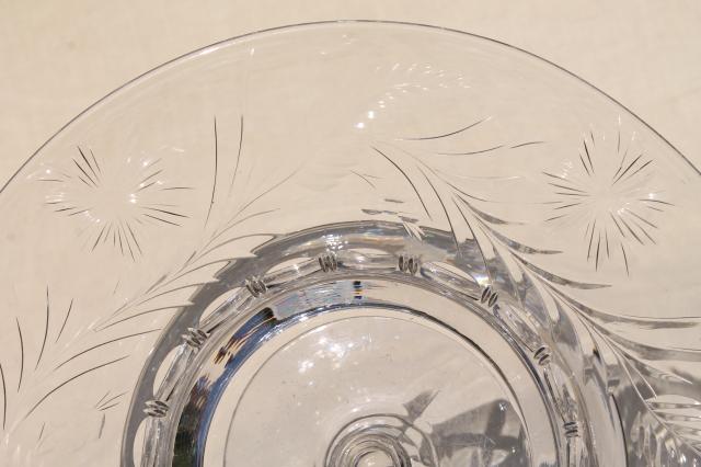 mid-century vintage elegant crystal clear glass compote bowl, wheel cut etched pattern glass
