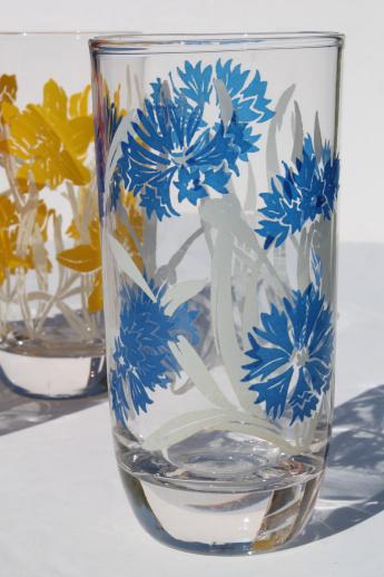 mid-century vintage kitchen glass drinking glasses set, swanky swigs w/ bright flowers