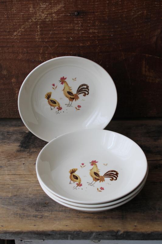 mid-century vintage pottery cereal bowls, top o the morn chanticleer rooster & hen