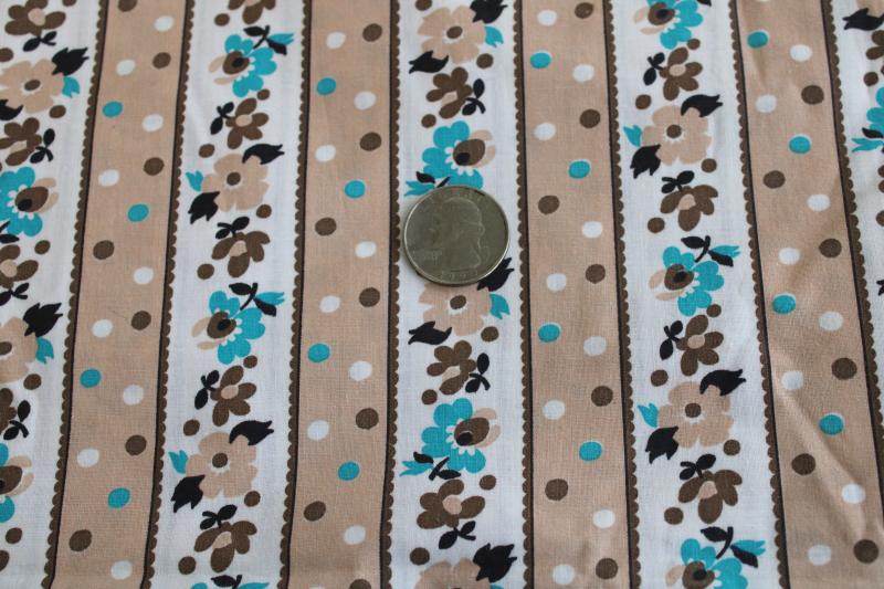 mid-century vintage quilting weight cotton fabric, floral stripe turquoise flowers