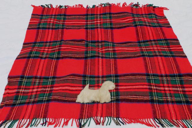 mid-century vintage red plaid wool stadium blanket w/ furry terrier dog mascot applique