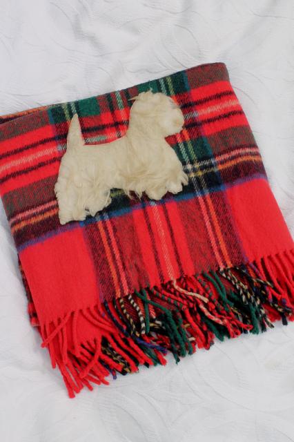 mid-century vintage red plaid wool stadium blanket w/ furry terrier dog mascot applique