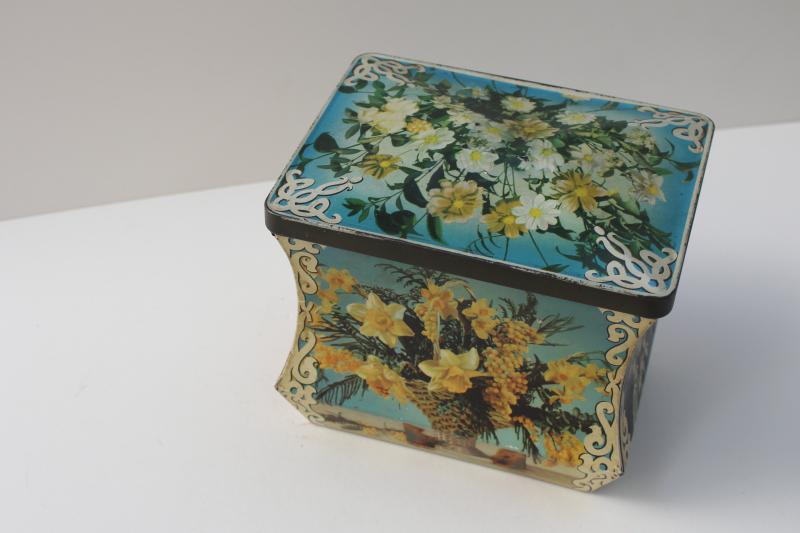 mid-century vintage sewing box, Edward Sharp England tin from chocolate candy or toffee