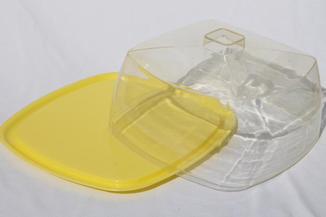 mid-century vintage yellow plastic cake keeper saver, cake plate w/ clear dome cover