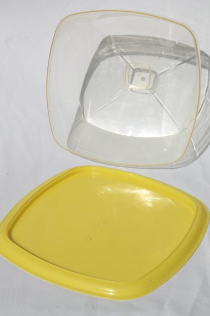 mid-century vintage yellow plastic cake keeper saver, cake plate w/ clear dome cover