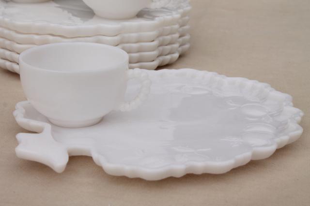 milk glass snack sets, apple trees tree of life plates & cups, vintage Orchard crystal