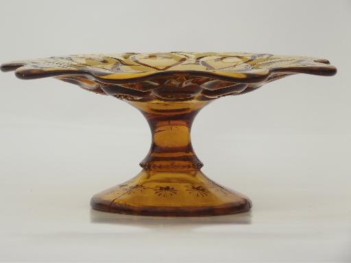 mini cake stand or candle pedestal, vintage moon & stars amber glass