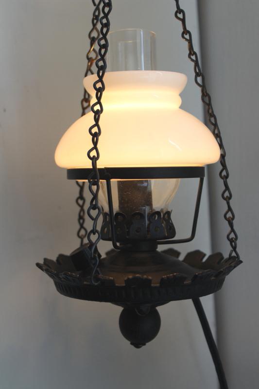 mini hanging light, vintage cast iron bracket candle bulb hurricane lamp w/ milk glass shade