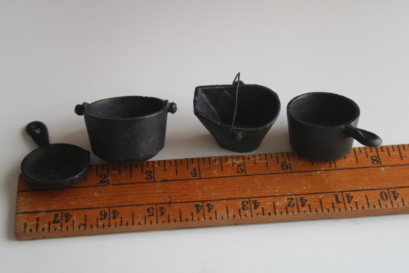 miniature cast iron pots  pans, cookware for vintage toy stove, doll size griddle etc