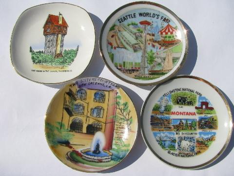 miniature china souvenir plates, state maps & landmarks, vintage souvenirs