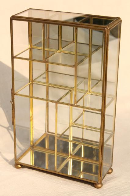 miniature curio cabinet display case, vintage brass & mirror glass vitrine box