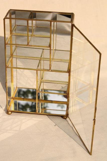 miniature curio cabinet display case, vintage brass & mirror glass vitrine box