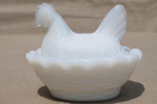 miniature milk glass hen on nest, vintage Westmoreland glass covered dish