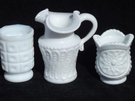 miniature vintage milk glass pieces, lot toothpick or match holders, pitcher