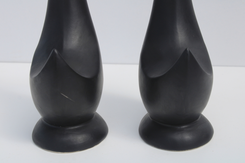 minimalist modern art matte black ceramic sculptures, pair of long necked birds vintage swan figurines