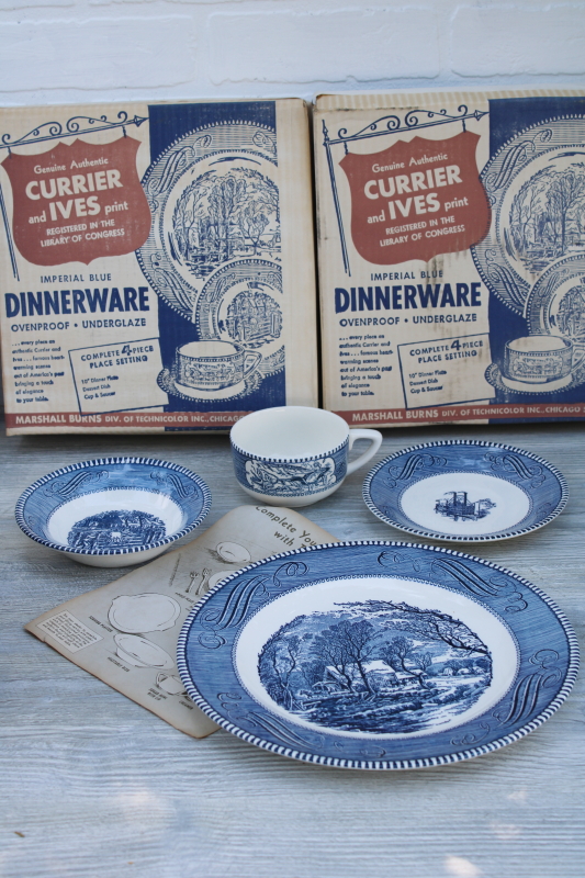 mint in box vintage Royal china Currier Ives Imperial blue and white dinnerware four settings