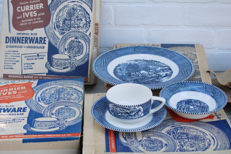 mint in box vintage Royal china Currier Ives Imperial blue white dinnerware four settings