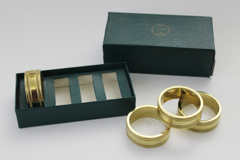 mint in box vintage Virginia Metalcrafters heavy solid brass napkin rings set