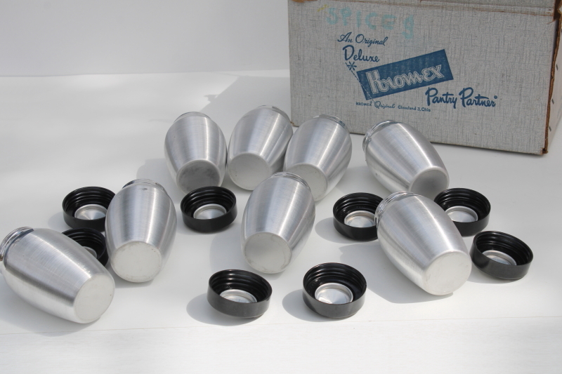 mint in original box Kromex spun aluminum spice jars set w/ rack, MCM vintage packaging