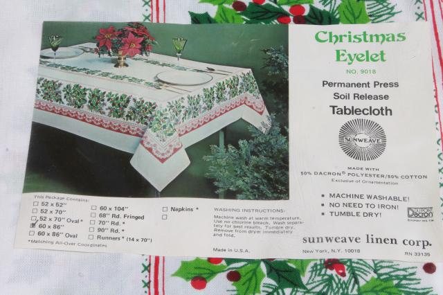 mint in package vintage Christmas print holiday green & red holly tablecloth 60 x 86