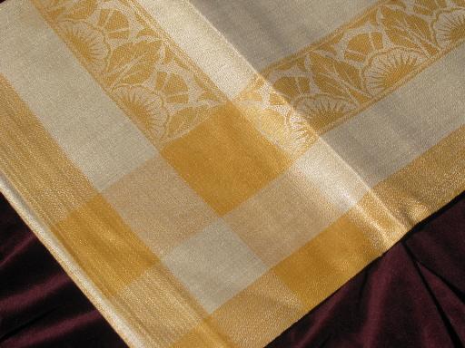 mint w/ labels crisp vintage Irish linen damask tablecloth, flax w/ gold