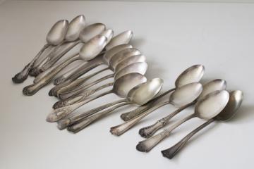 mismatched antique silver plate soup spoons, tarnished worn ornate silver flatware lot