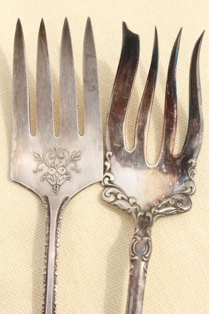 mismatched antique vintage silver plate flatware serving pieces lot, berry spoons etc.