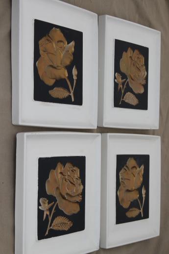 mod 1950s black & white wall plaques w/ gold roses, chalkware wall art set