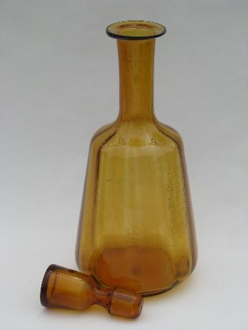 mod Italian blown glass decanter bottle, retro vintage amber color