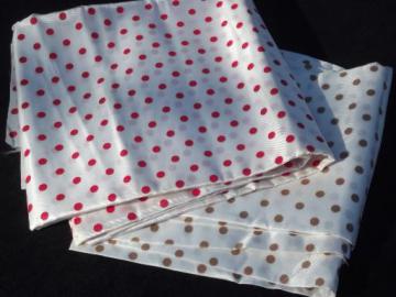 mod dots satin twill fabric, suit coat lining material, tan, red spots